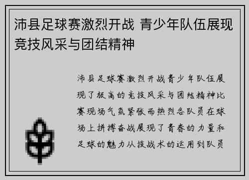 沛县足球赛激烈开战 青少年队伍展现竞技风采与团结精神
