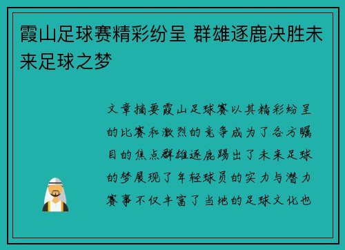 霞山足球赛精彩纷呈 群雄逐鹿决胜未来足球之梦