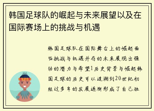 韩国足球队的崛起与未来展望以及在国际赛场上的挑战与机遇