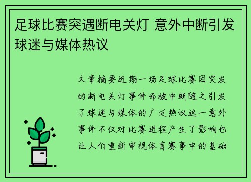 足球比赛突遇断电关灯 意外中断引发球迷与媒体热议