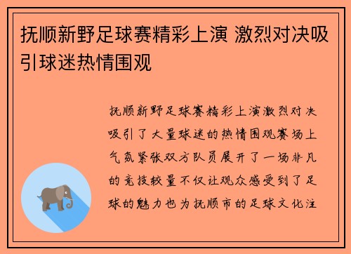 抚顺新野足球赛精彩上演 激烈对决吸引球迷热情围观