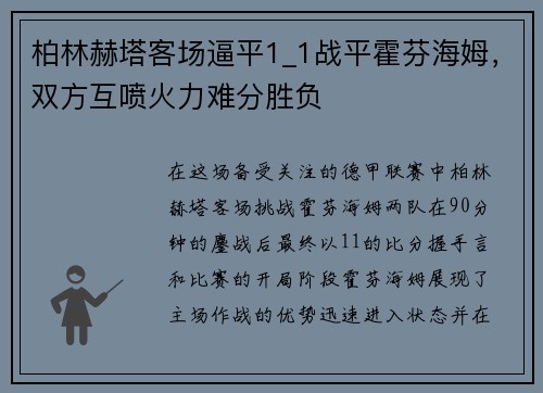 柏林赫塔客场逼平1_1战平霍芬海姆，双方互喷火力难分胜负