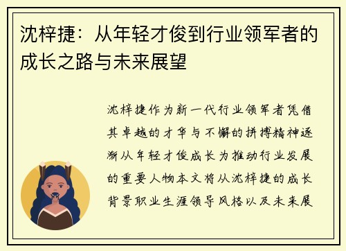 沈梓捷：从年轻才俊到行业领军者的成长之路与未来展望