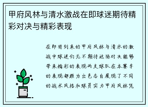甲府风林与清水激战在即球迷期待精彩对决与精彩表现