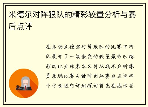 米德尔对阵狼队的精彩较量分析与赛后点评