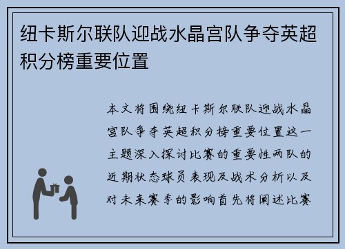 纽卡斯尔联队迎战水晶宫队争夺英超积分榜重要位置