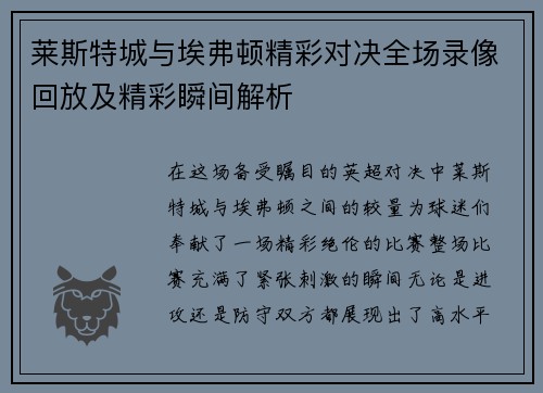 莱斯特城与埃弗顿精彩对决全场录像回放及精彩瞬间解析