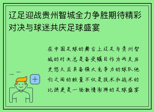 辽足迎战贵州智城全力争胜期待精彩对决与球迷共庆足球盛宴