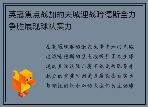 英冠焦点战加的夫城迎战哈德斯全力争胜展现球队实力