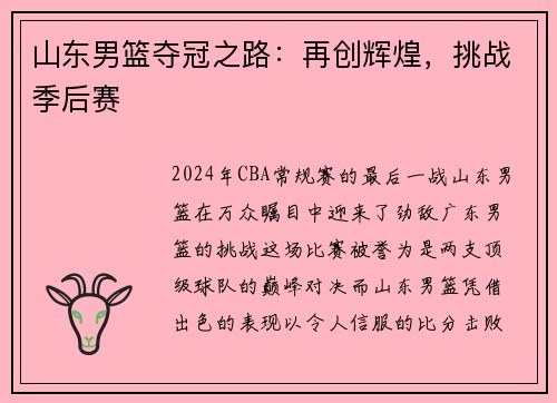 山东男篮夺冠之路：再创辉煌，挑战季后赛