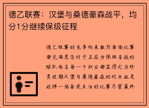 德乙联赛：汉堡与桑德豪森战平，均分1分继续保级征程