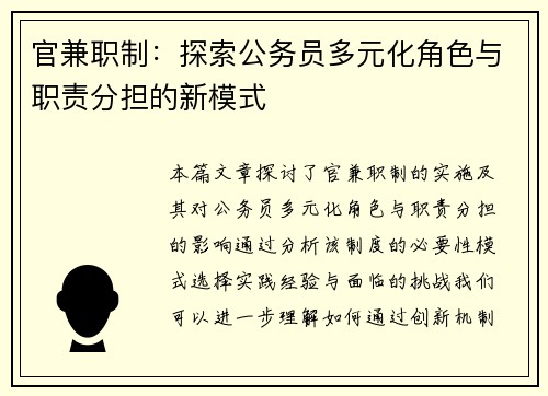 官兼职制：探索公务员多元化角色与职责分担的新模式